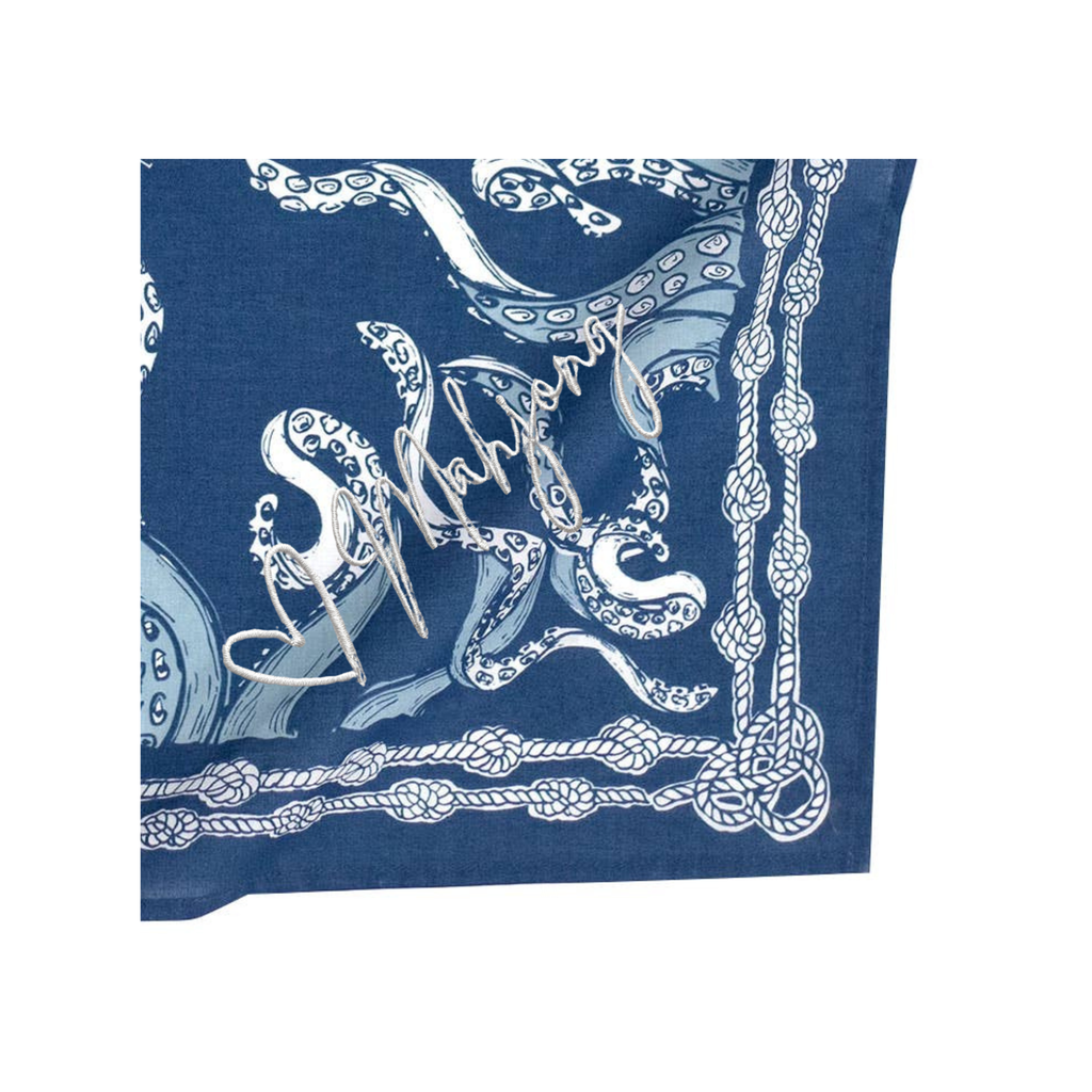 Corner sample navy blue bandana featuring embroidered white heart and mahjong in script.