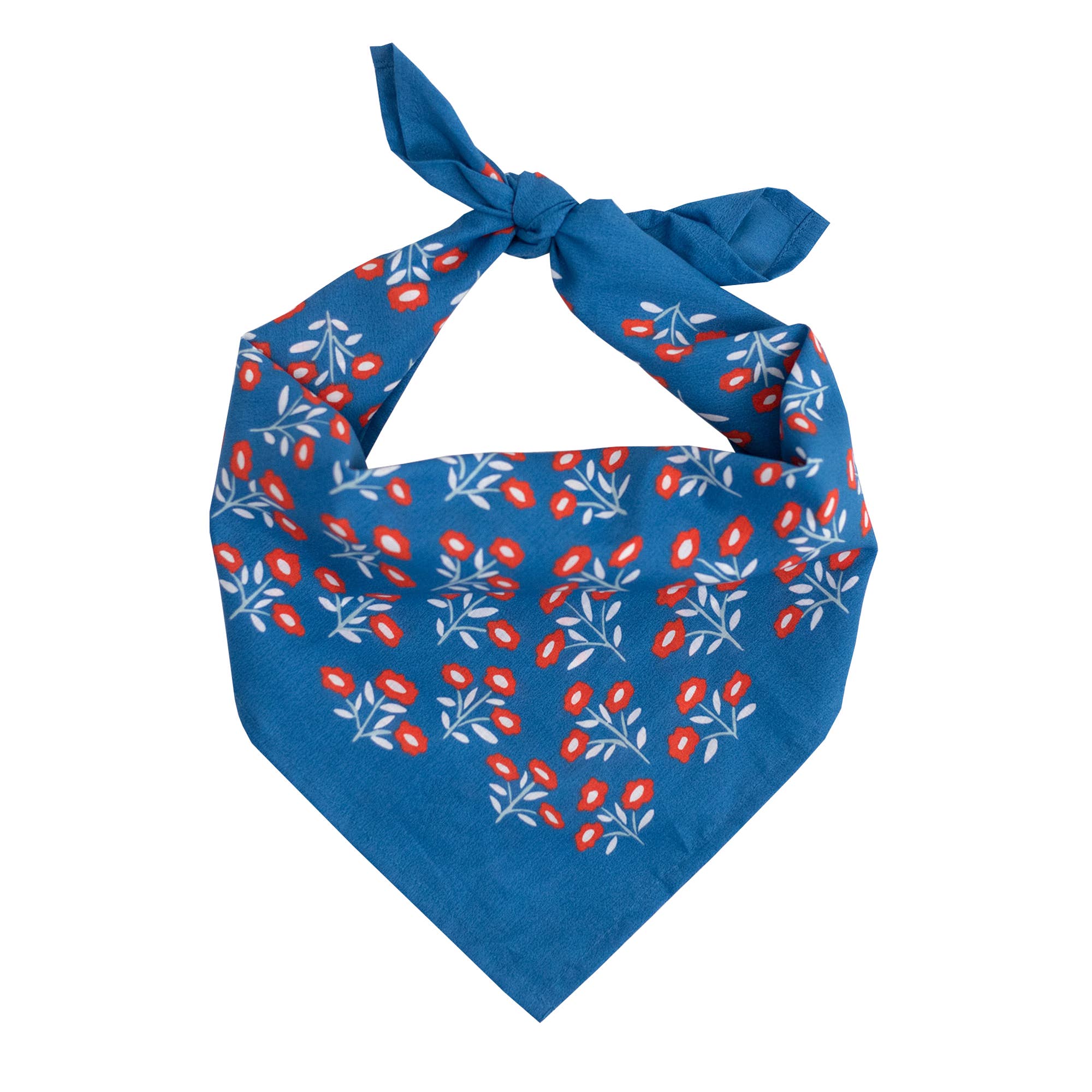 Blue bandana with red and white floral pattern on a white background