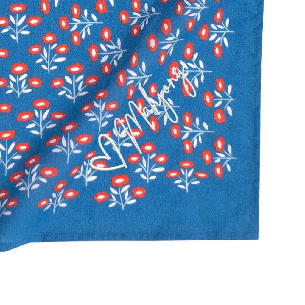 Closeup image of Juliet bandana embroidered white script mahjong with heart image.