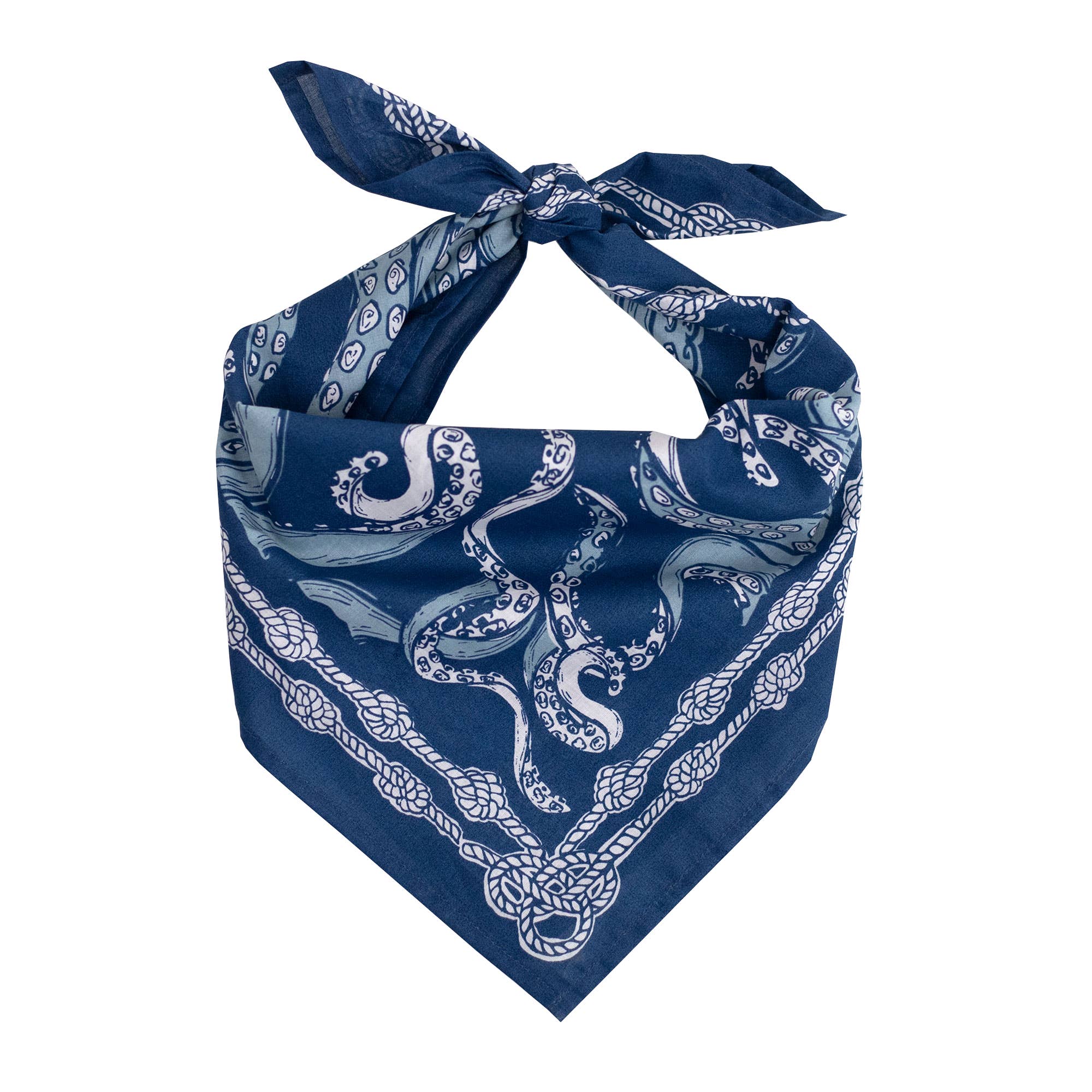 Navy blue bandana with white nautical pattern on a white background