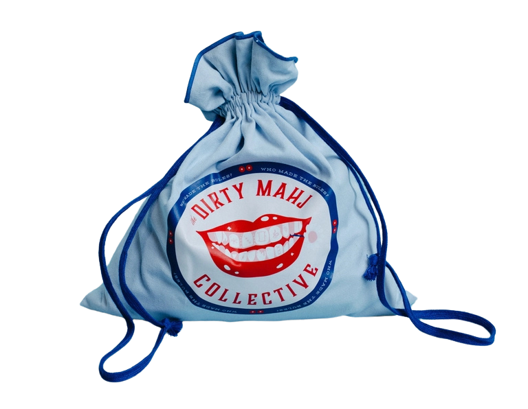A light blue drawstring pouch with a circular red, white, and blue 'Dirty Mahj Collective' logo on the front, set against a plain white background.