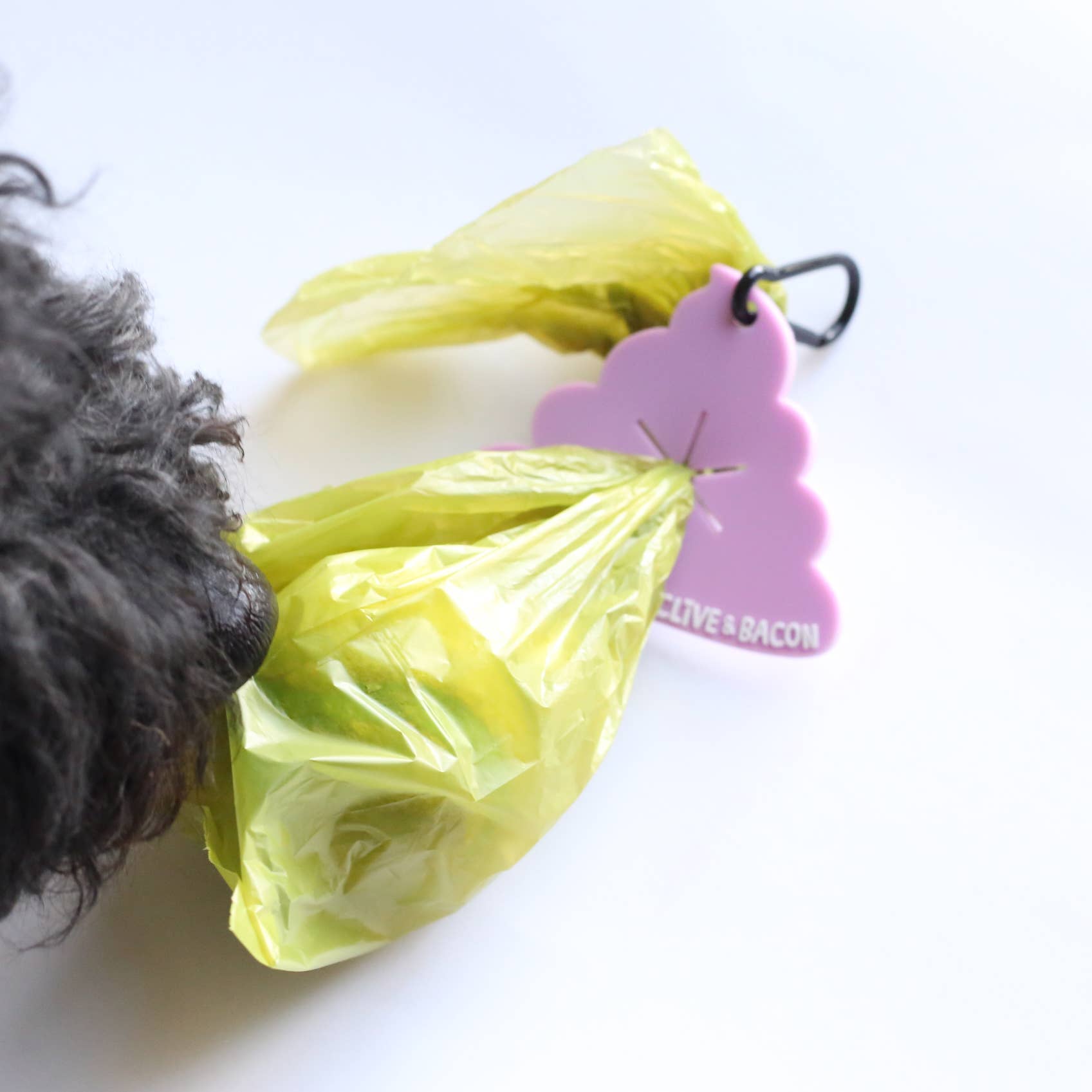 A small black dog is partially visible on the left, interacting with a bright yellow-green plastic bag tied to a pink cloud-shaped bag holder. The holder has the text 'CLIVE & BACON' printed on it, indicating the brand.