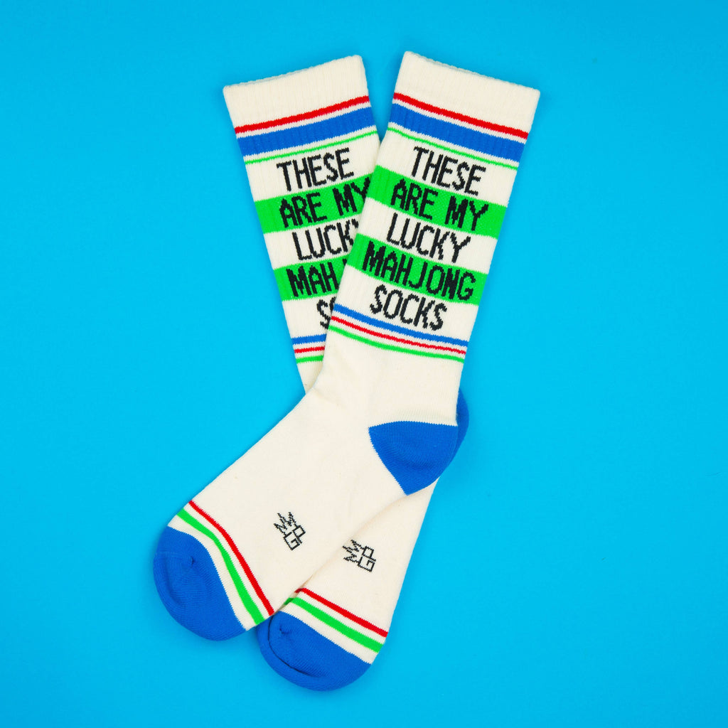 These Are My Lucky Mahjong Gym Crew Socks, product flat lay on white background